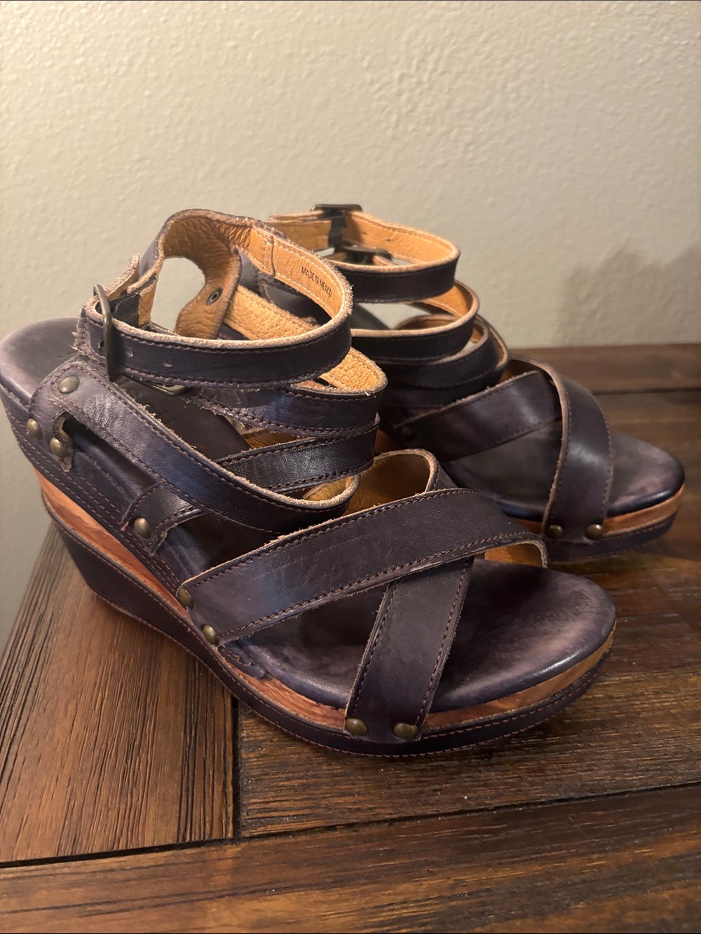 BED|STU Dark Navy Leather Strappy Wedge Sandals